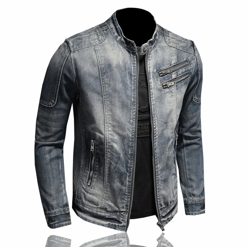 2023 Fashion Slim Fit Men's Stand Collar Zipper Harley Motorcycle Denim Jacket Solid Casual Outerwear European Size 5Xl 6Xl