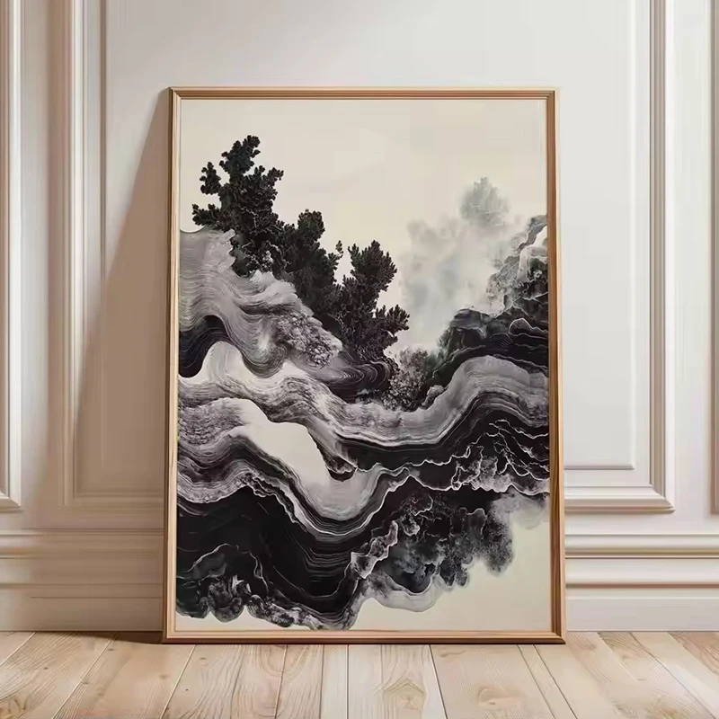 Monochrome Flowing Lines Ink Landscape Minimalist Canvas Art