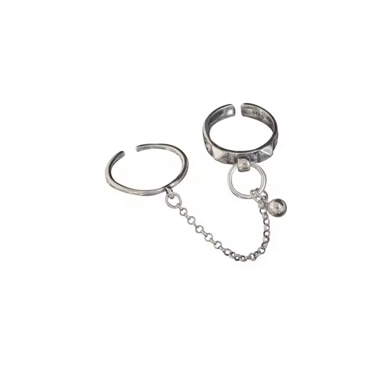 PANJBJ 925 Sterling Silver Retro Round Ring For 2 Rings Women Chain Vintage Fine Jewelry Minimalist Accessories Gift