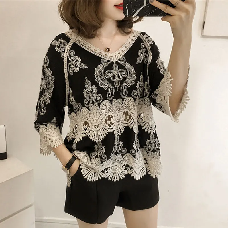 

Folk Chic Embroidery Lace Spliced Shirt Female Clothing Loose Sweet V-Neck Summer 3/4 Sleeve Casual Elegant Hollow Out Blouse