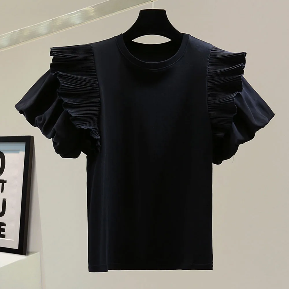 Black T-shirt Ruffles Casual Summer Thin Tees Falbala Simple Lady Fashion Streetwear Chic Slim Women Daily Basic Tops Sweet graphic tees