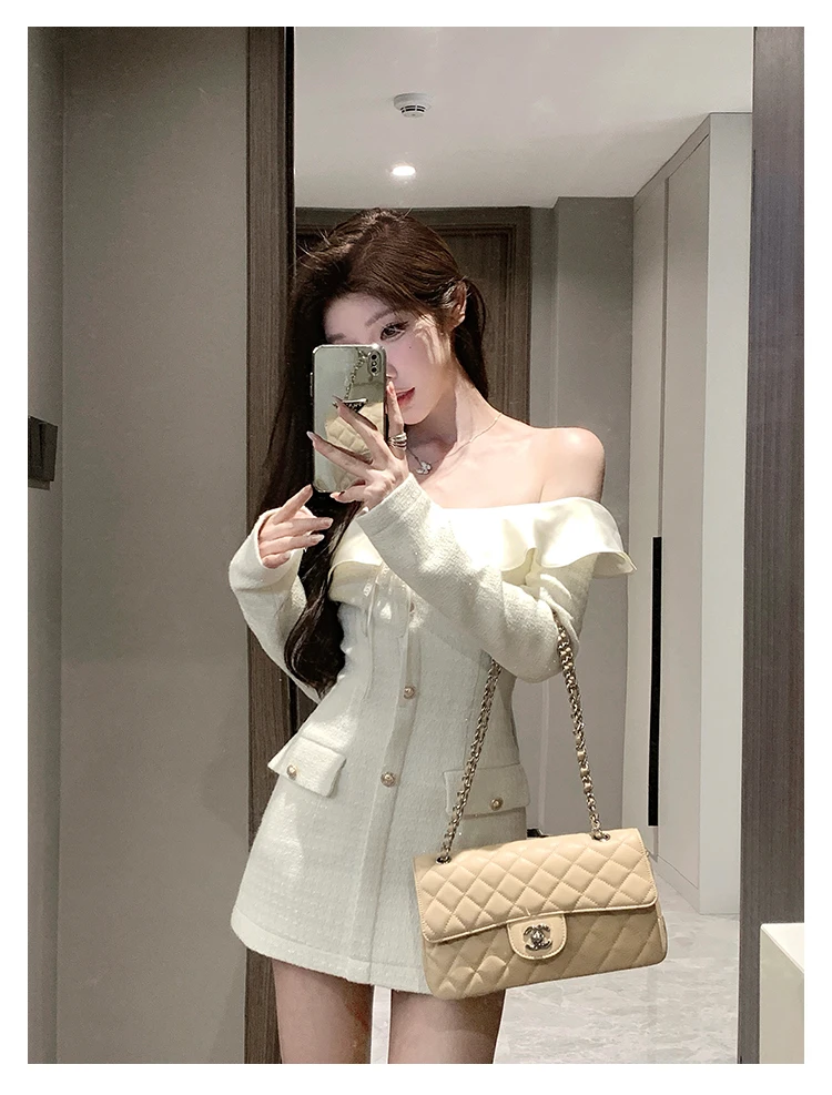 Elegant Tweed Slash Neck Short Dresses for Women Long Sleeve Slim Waist Birthday Party Dress Korean Fashion Vestidos Mujer