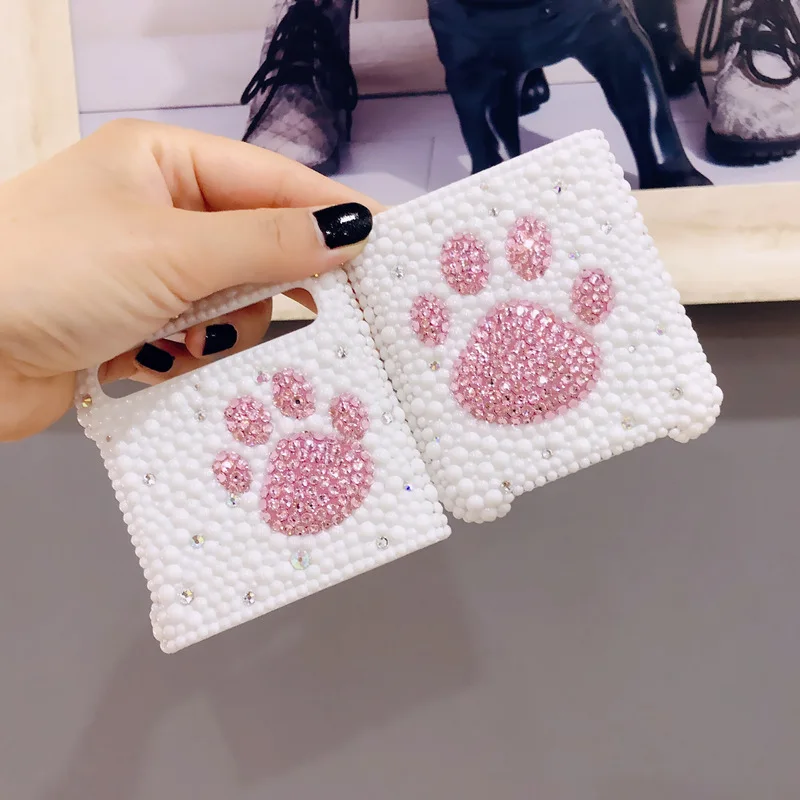 Phone Case Crystal Glass Rhinestones Rhinestone Cat Claw Hard Shell for Samsung Z Flip 3 4 Protective Case
