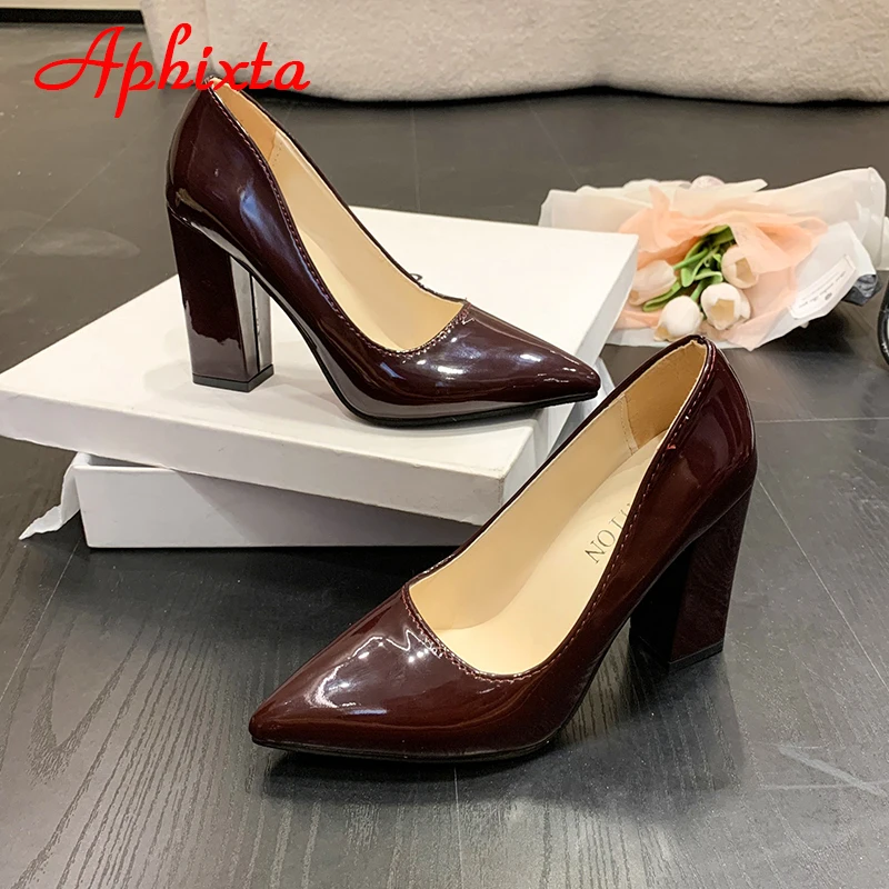 Aphixta Autumn 10cm/3.94Inch Chunky Heels Pumps Women Shoes Wine Red Patent Leather Sexy Party Official Leisure Plus Szie 33-46