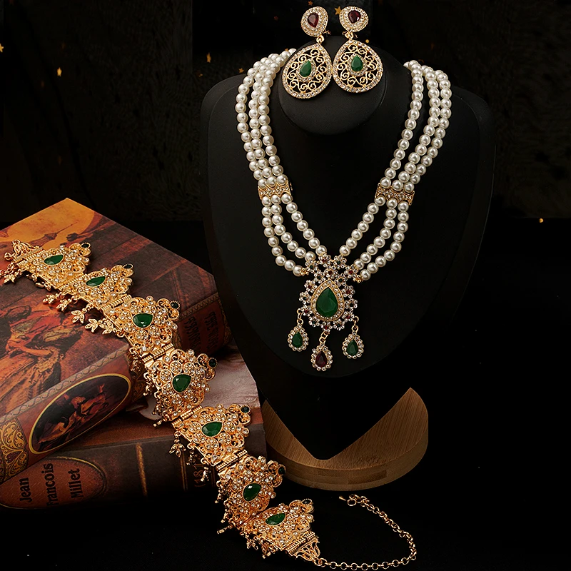 

Algerian Wedding Jewelry Set Imitation Pearl Necklace Earrings Crystal Head Chain Elegant Bridal Crown Hair Jewelry Women Gifts