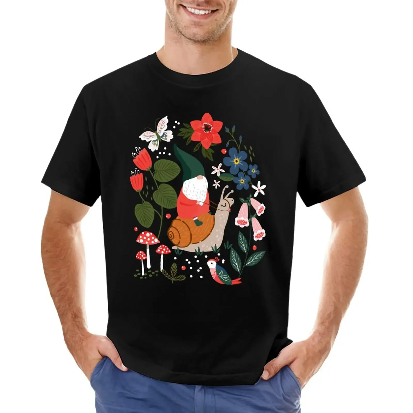 

Whimsical garden gnome riding snail T-Shirt customizeds blanks tops mens t shirts
