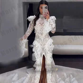 Abiti da Sposa di Lusso per Donne, Stile Bohémien con Maniche a Tromba in Pizzo, Collo Alto, Vestito da Principessa per Cerimonie Nuziali e Feste Formali, Personalizzabile