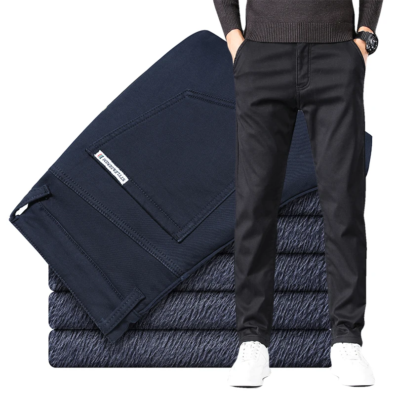 Men Trousers Winter Warm Thick Casual Business Fashion Black Blue Stretch Fleece Office Slim