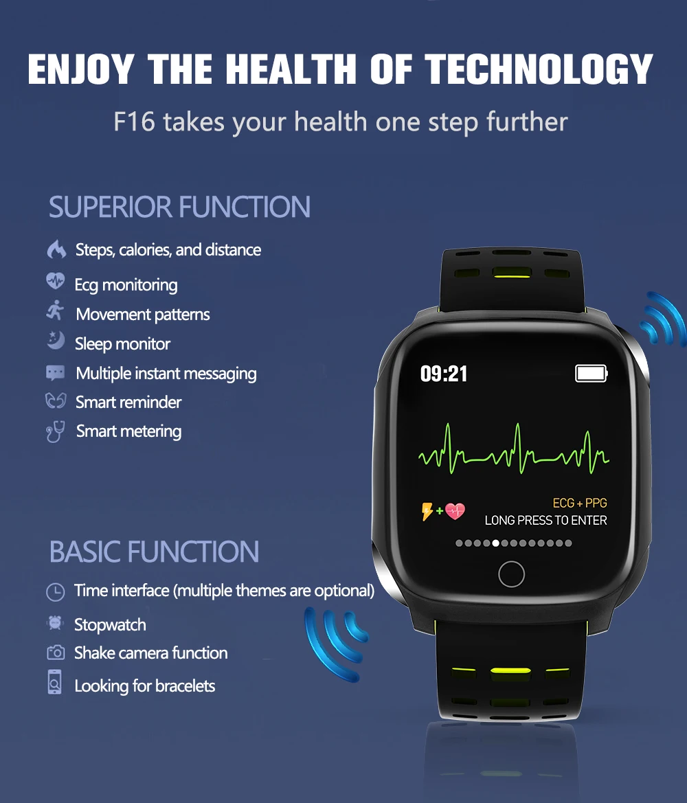 New F16 Smart Bracelet ECG+PPG Pedometer Alarm clock Smart Watch Men Heart Rate Blood Pressure Waterproof Smart Wristband/band