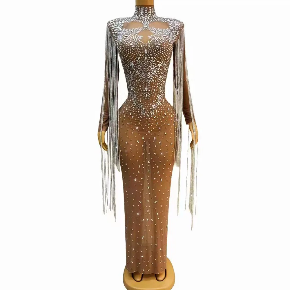 

Новинка, серебристые бриллианты, соблазнительное Прозрачное платье с бахромой, одежда для ночного клуба, вечеринки, дня рождения, танцевальной фотосессии, коллекции