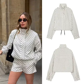 Giacca Corta Vintage a Pois, Stile Francese con Colletto Rialzato e Cintura Regolabile, Cappotto Casual
