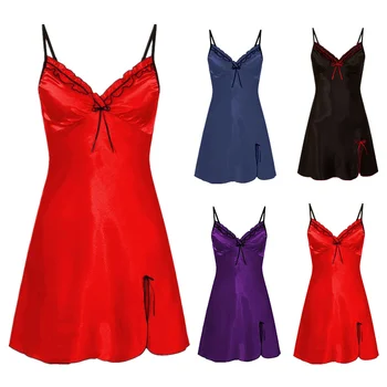 Women Sexy Sleepwear Silk Satin Nightwear Slip Dress Sleeveless Pajamas Nightgowns Breath Short Sleepwear Seduction Wear