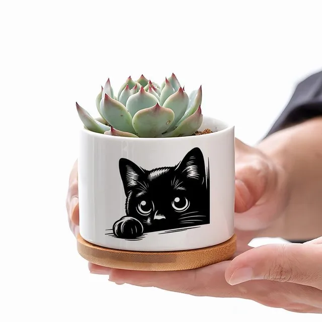Black Cat Patterned Ceramic Flowerpot with Tray for Home Office Decor Gift for Plant Lovers Family Friend (excluding Plants) 2