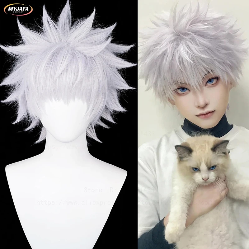 Hochwertige Anime Killua Zoldyck Cosplay Perücke 30 cm kurze silberweiße flauschige hitzebeständige Kunsthaar-Party-Perücken + Perückenkappe – Detail 8