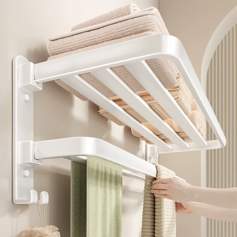 

Punch-Free Bathroom Storage Rack Integrated Double Folding Alumimum Bath Towel Rack Suit