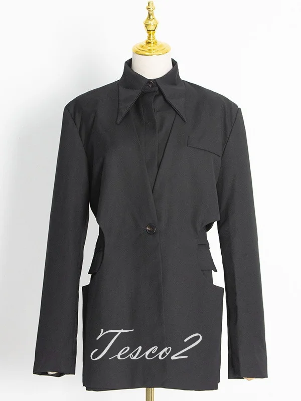 Tesco Trendy Women's Suit Blazer Long Sleeve Fake Two-piece Jacket Black Casual Female Coat For Daily Office Lady Blazer Women