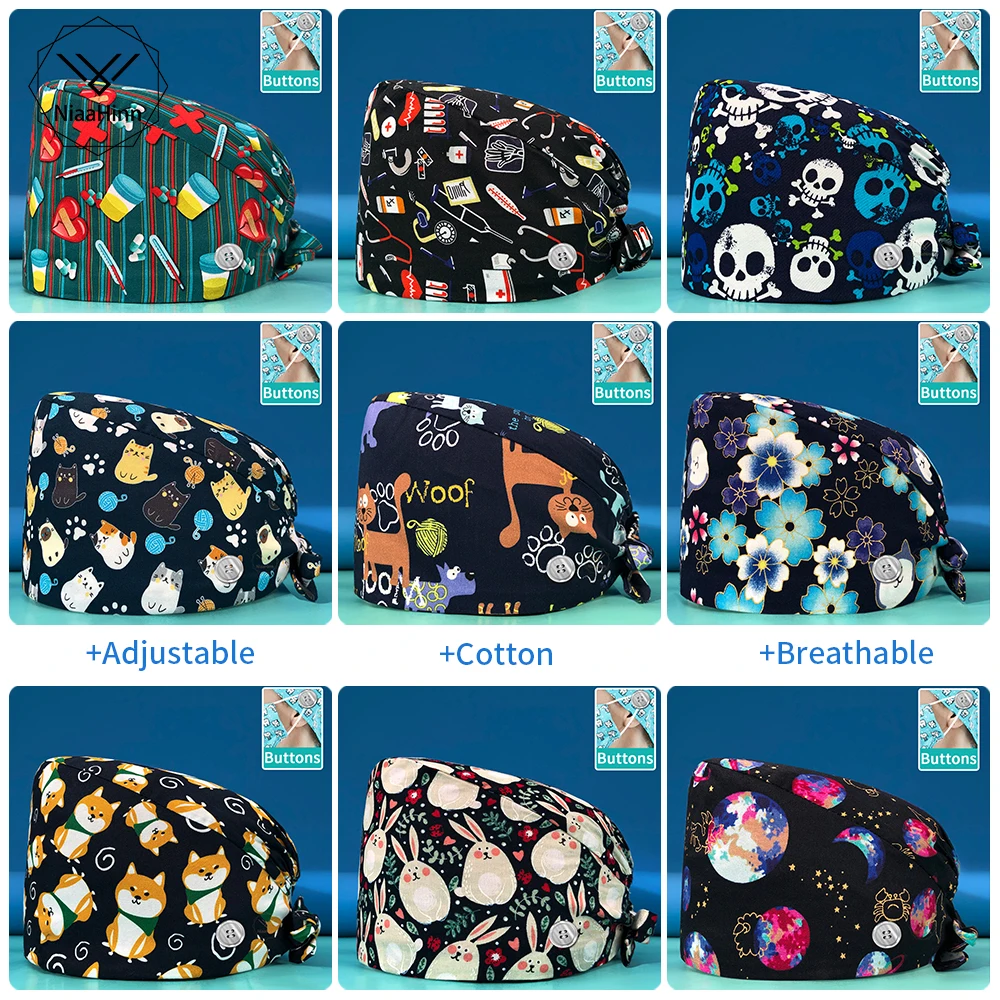Adjustable laboratory pet grooming work hat Unisex scrub caps Beauty Salon hat print Cotton Tieback cap Experimenter dust Hat