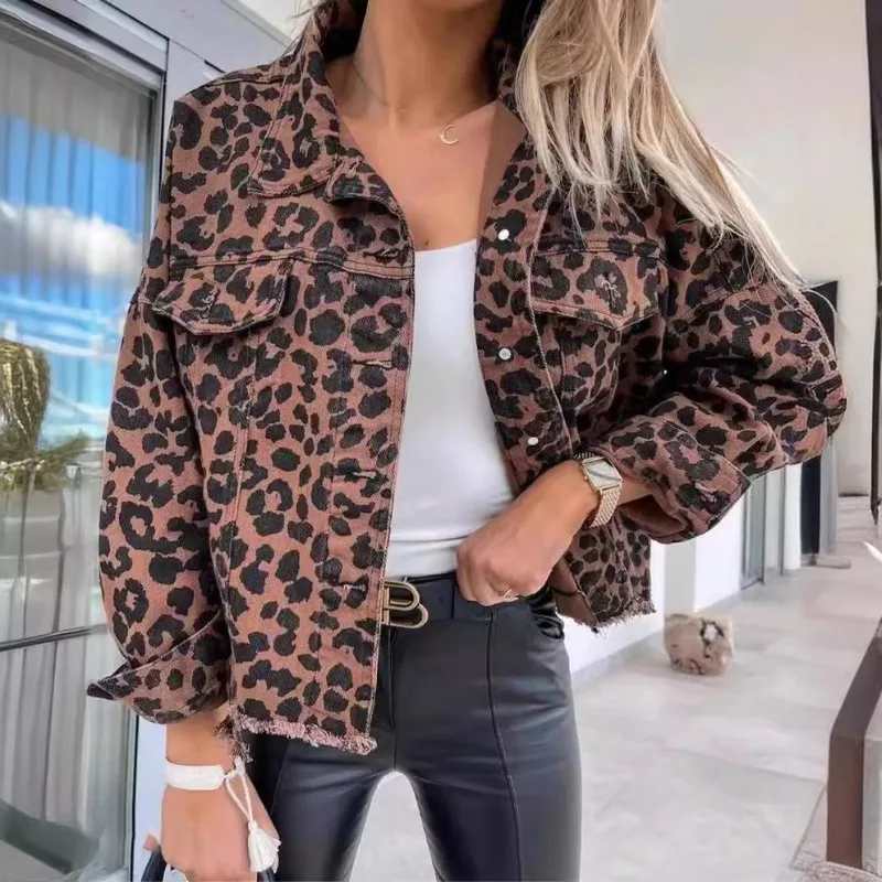 Deeptown Vintage Leopard Denim Jacket Women Animal Print Oversized Streetwear Y2k 2024 New Spring Jackets High Street Outerwear plstar cosmos new 3d printed animal series frog musician ugly sweater street casual winter sweater