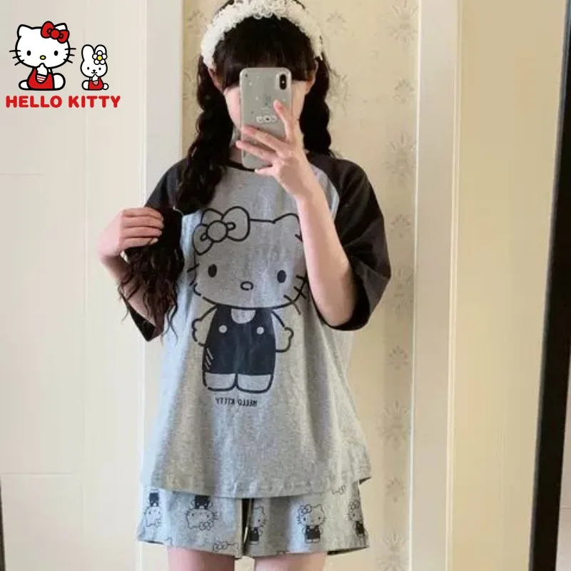 

Японская Милая женская домашняя одежда Hello Kitty с короткими рукавами из хлопка, впитывающая пот, дышащая Пижама