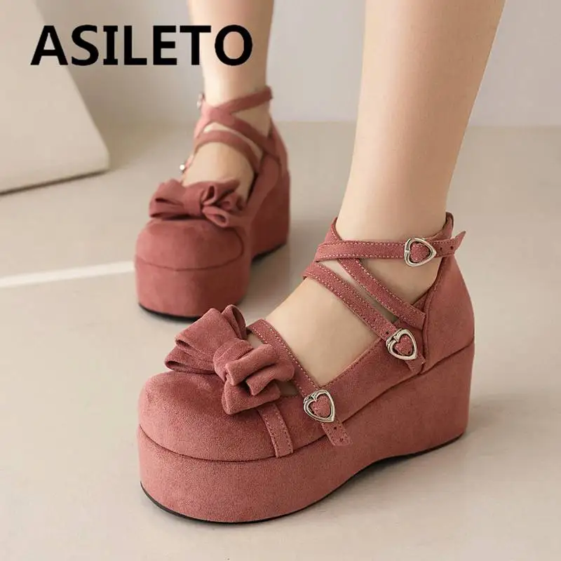 

ASILETO Lady Pumps Round Toe Wedges Flock Suede Platform Hill 4.5cm Crossover Buckle Strap Bowknot Sweet Daily Big Size 45 46