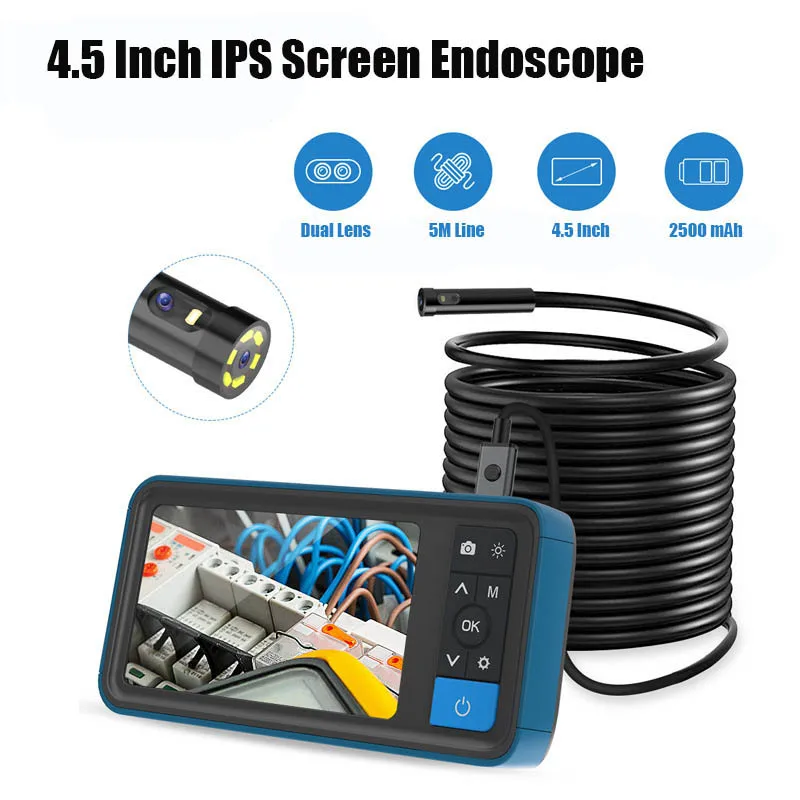 

8 Mm Dual Lens Inspection Camera, 4.5 Inch 1080P IPS Screen Endoscope,IP67 Waterproof Tube Industrial Borescope With 5M Line