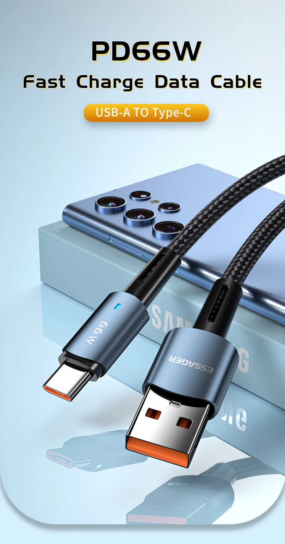 6A USB Cable Type C for Samsung Xiaomi Huawei 66W LED Fast Charging Charger USB