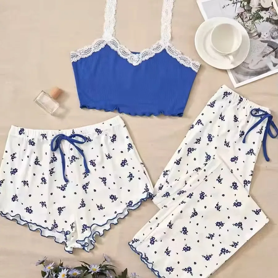Women's V-neck floral pajamas sweet and cute three piece set for spring and summer high-end suspender shorts set sexy home wear