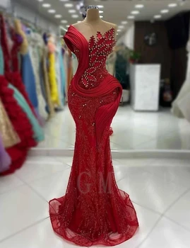 Aso Ebi Evening Dresses Long Luxury Mermaid One Sleeves Beaded Rhinestone Leaf Red Chic Birthday Prom Party Gowns for Wedding 1