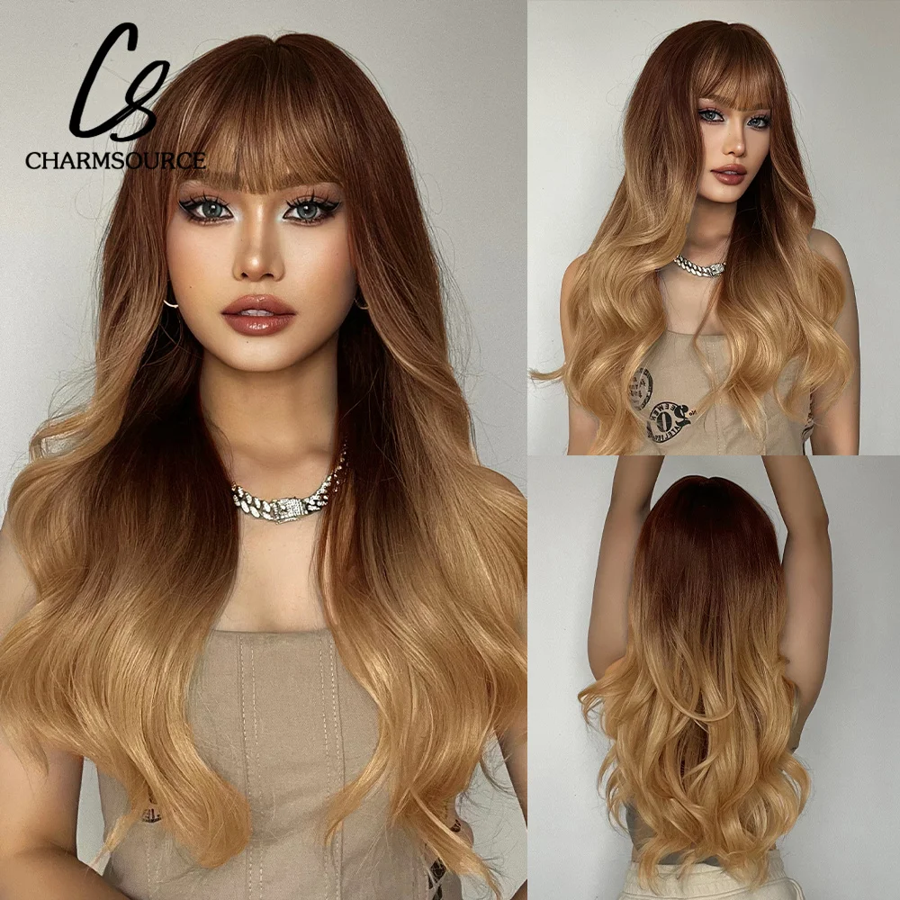 CharmSource Ombre Brown and Blonde Wavy Wigs with Bangs Long Natural Synthetic Wig Cosplay Use Daily Heat Resistant Fiber Hair shine ombre blonde wig with bangs full machine made synthetic body wave wig heat temperature fiber wig 30 inch none lace wig