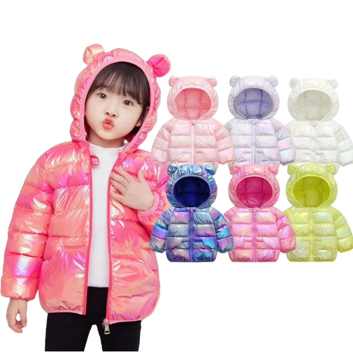 Kids Shiny Bear Ear Hooded Puffer Jacket Girls Boys Colorful Metallic Coat Winter Warm Outwear