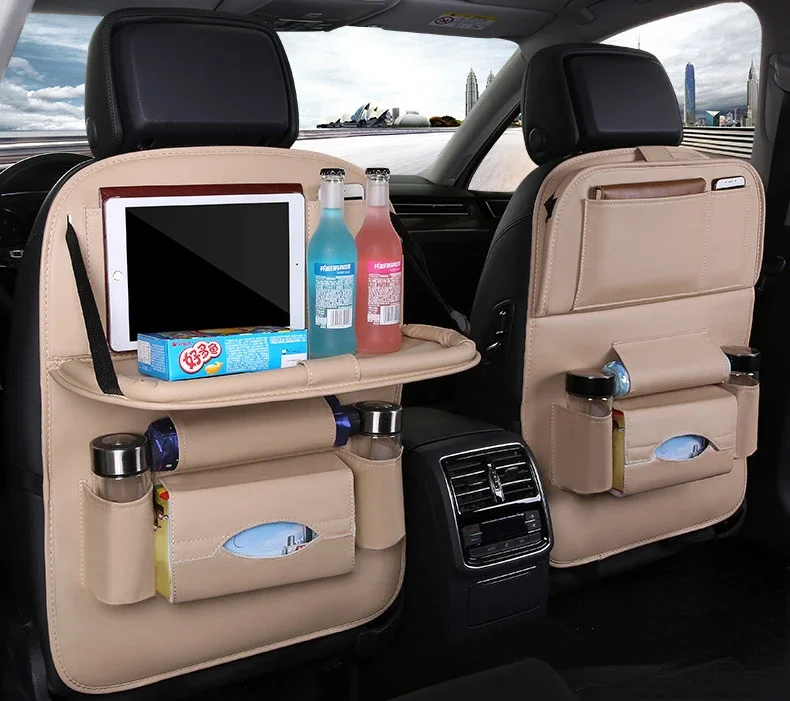 Luxury Leather Car Seat Organizer with Foldable Tray and Storage Pockets