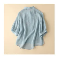 Summer Seven Point Cotton Linen Embroidered Shirt for Women 2024 New Literary Loose Temperament Lapel Casual Top for Women - Image 4