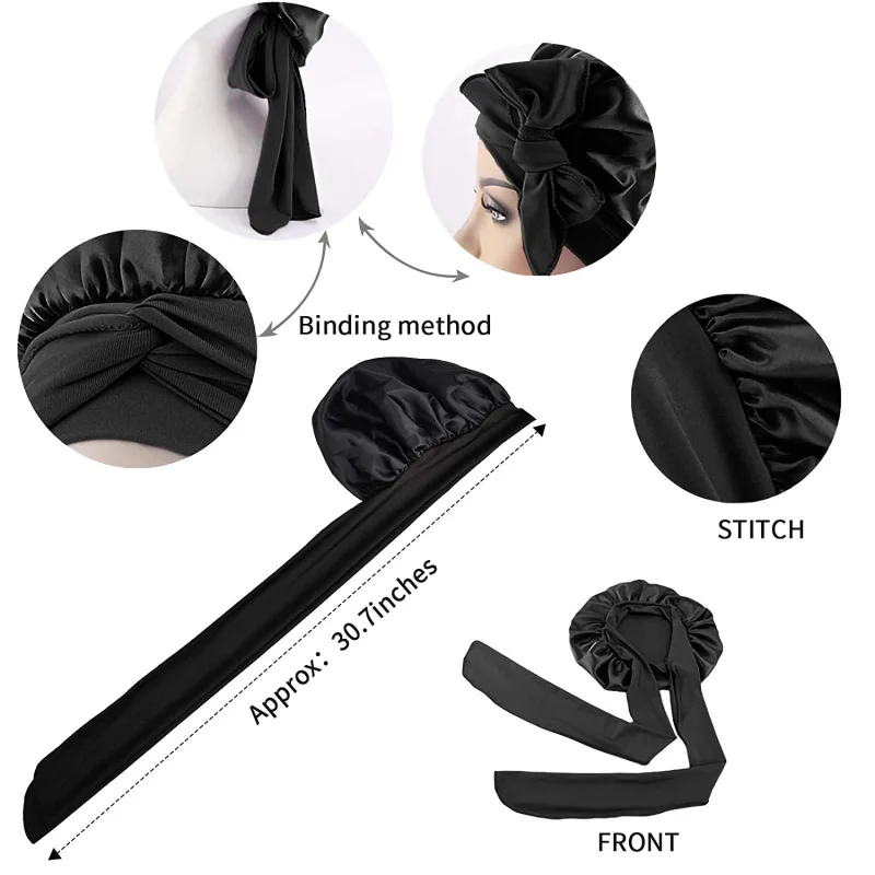 Satin Hat Hair Night Fashion Sauna bonnets Bathroom accessory  Elastic strap type shower cap for women 3