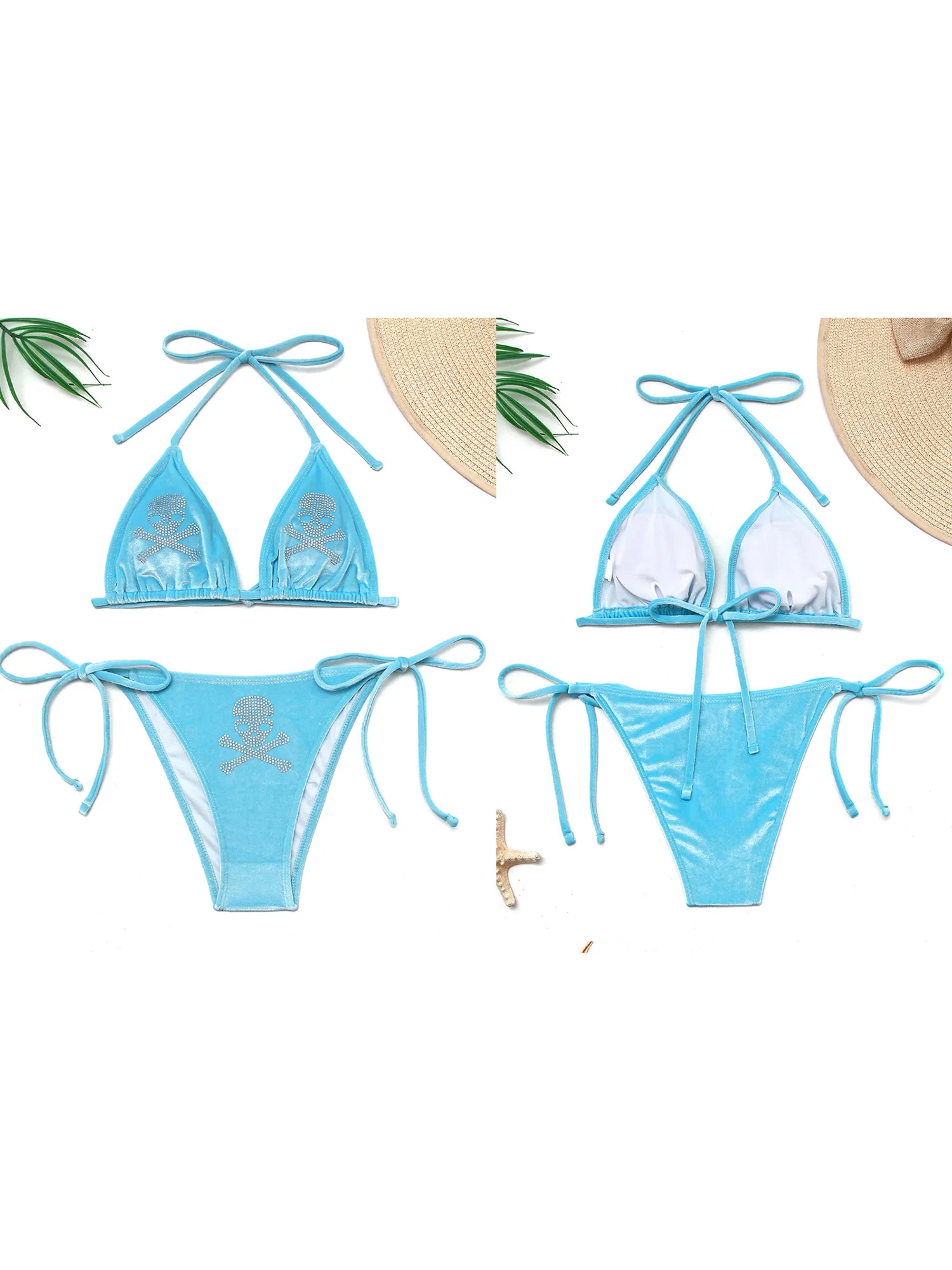 Women s Sequined Skull Pattern Halter Top with Thong 2 Piece Set Sexy Bikini Swimsuit Beachwear Bathing Suit Stylish Skull