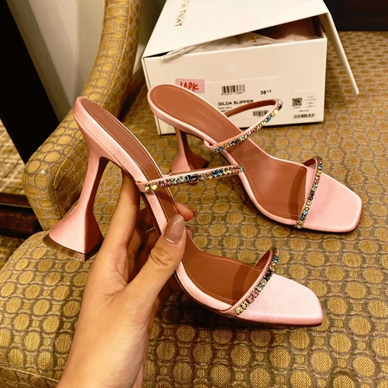 

Fashionable Outer Wear Slippers Women's Summer 2022 New Color Rhinestone Sandals Open Toe with Open Toe Square Toe High Heels
