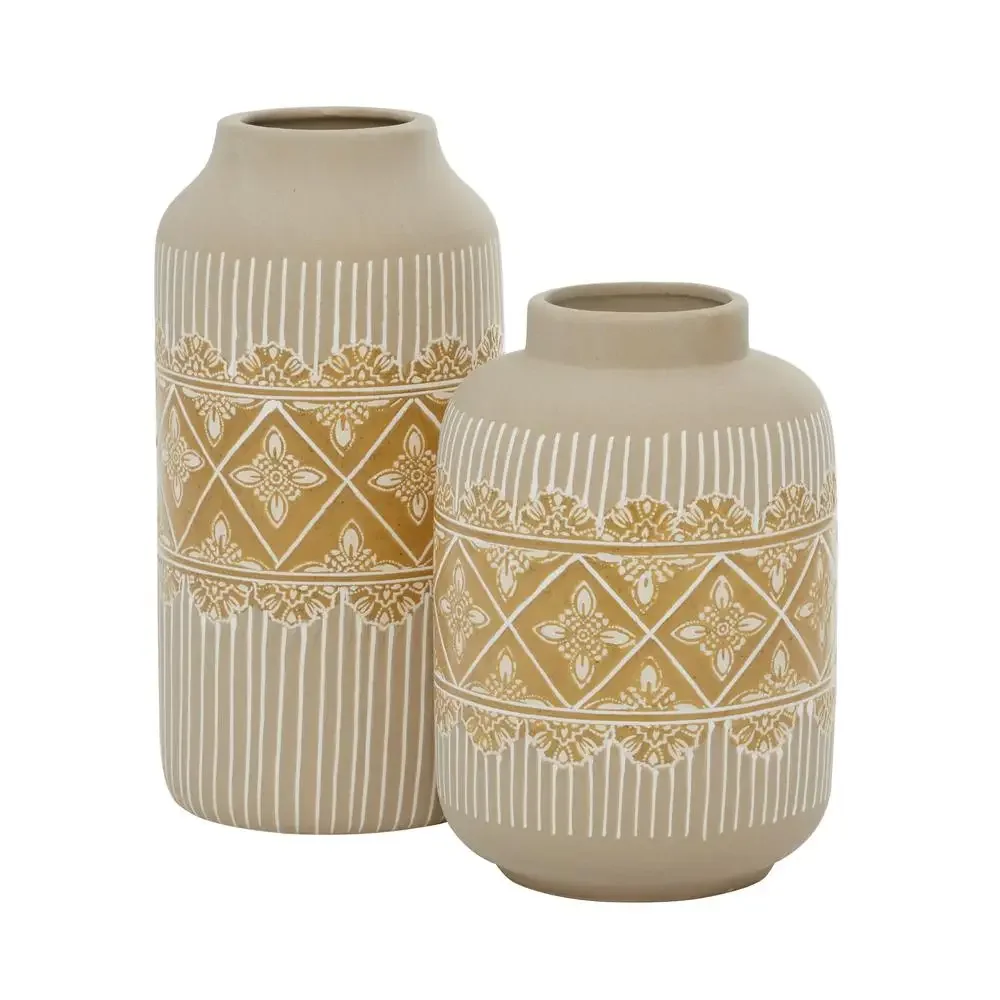 Boho Beige Ceramic Vase Set of 2 Handmade Floral Pattern Home Decoration