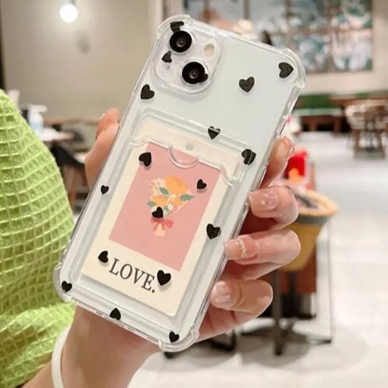 Love Heart Wallet Card Slot Case: Clear Soft Silicone Protective Cover