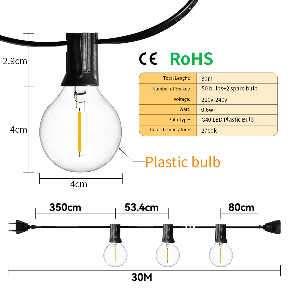 G40 Led Outdoor Light Garlands Waterproof Bulbs Chain Fairy Light 30M Street Garlands String for Wedding Garden Decoration led string lights led lights string lights