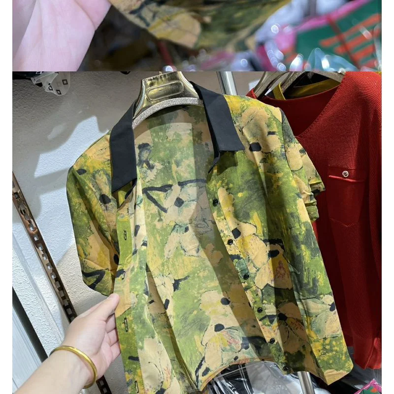 Summer Polo-neck Vintage Printing Buttons Blouse Female Loose Casual All-match Cardigan Shirt Women Temperament Top Oversized