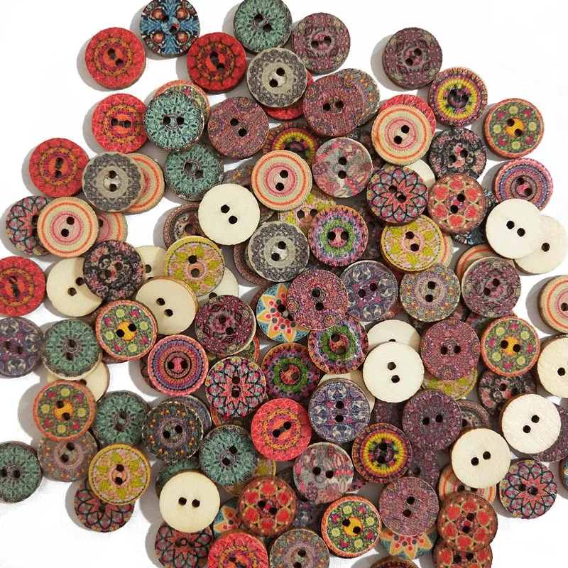 50 Pcs Vintage Peony Print Round Wooden Sewing Buttons Bulk