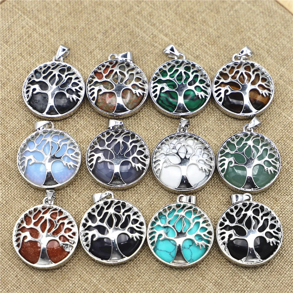 New 12pcs Fashion Natural Stone Alloy Tree of Life Men Pendants Necklace Designer Charms for Jewelry Accessories Marking Bulk