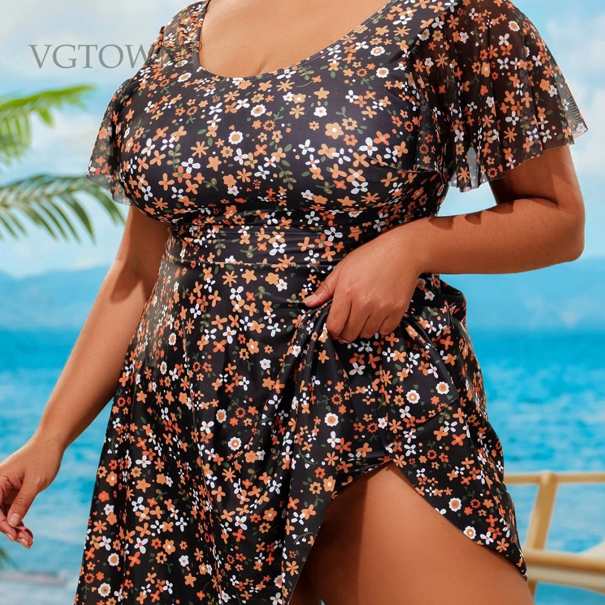 Plus Size 8XL Swimsuit Woman Print Short Sleeve Beach Outfits Bikini Dress High Waist Large Size Bath Clothes Tankini
