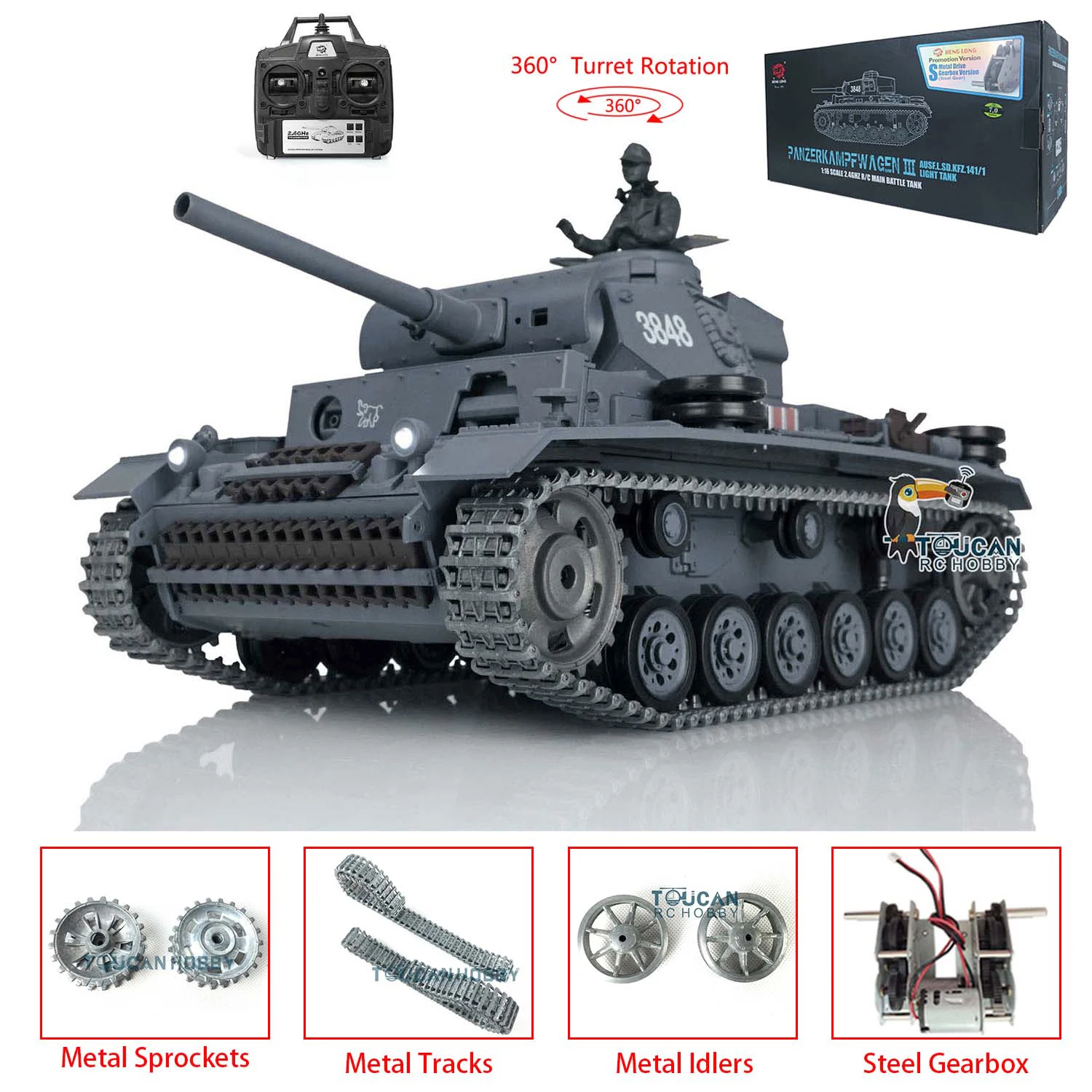 1/16 Scale Toys HENG LONG 7.0 Upgraded Panzer III L RTR RC Tank 3848 W/ 360° Turret RC Panzer for Boys TH17343-SMT4 3