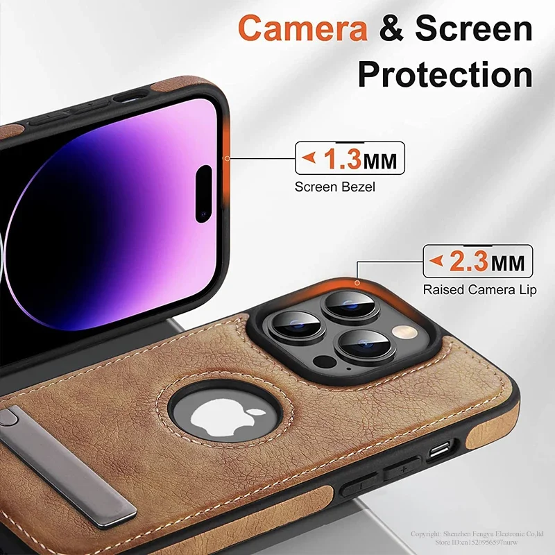 iPhone 15 13 Pro Max 14 Plus 12 11 모바일 케이스 충격 방지 유연한 소프트 그립 럭셔리 뒷면 커버 용 가죽 킥 스탠드 전화 케이스