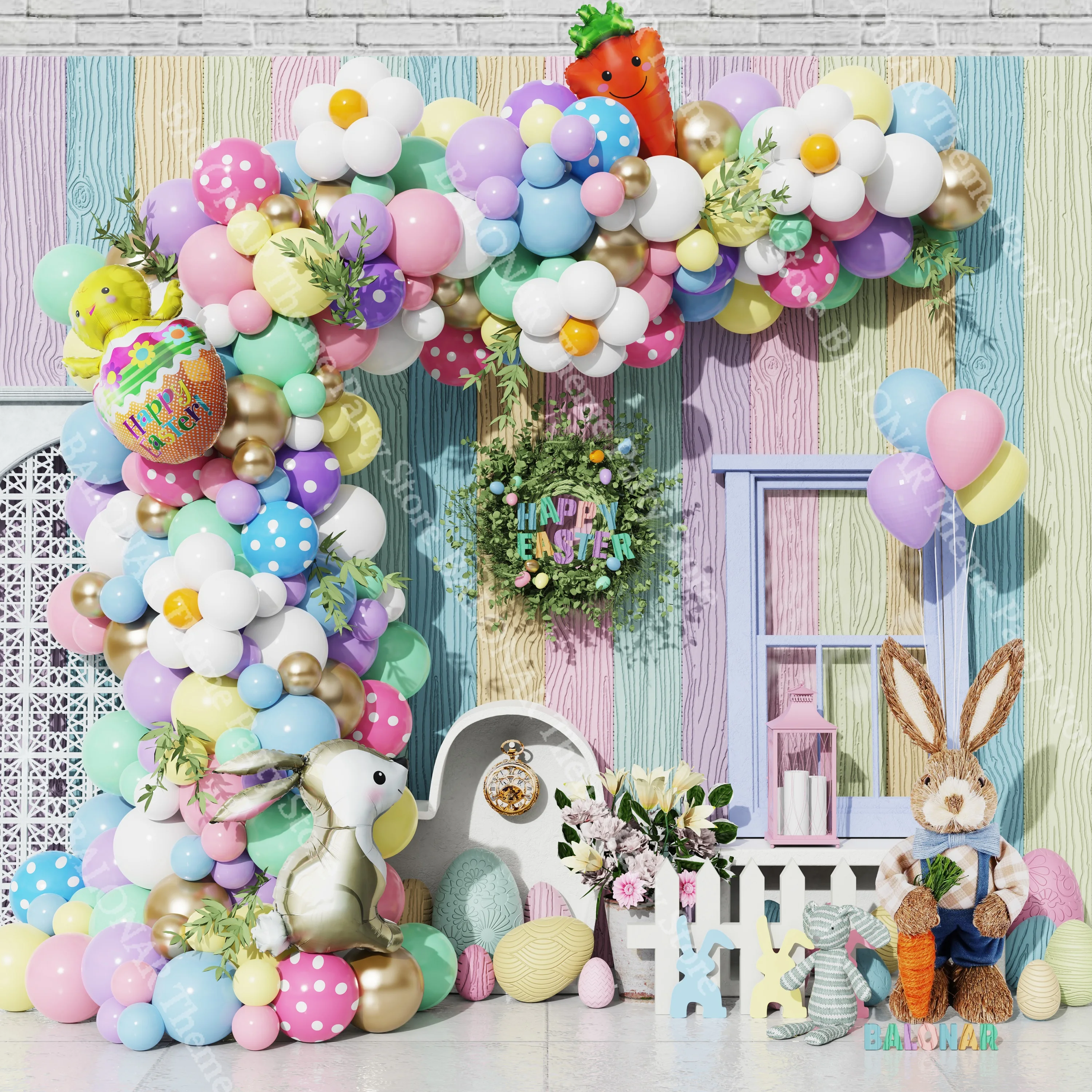 

125pcs Easter Theme Bunny Carrot Rabbit Chicken Egg Flower Colourful Dot Balloon Garland Festival Birthday Farm Party Decoration