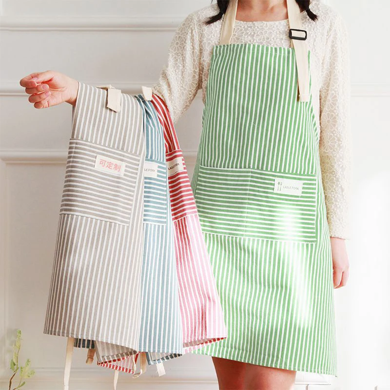 

Cotton Linen Adjustable Adult Apron Striped Restaurant Chef Apron Outdoor Camping BBQ Picnic Kitchen Cook Apron with Pockets