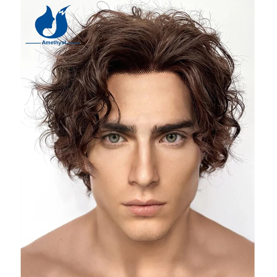 Amethyst Brown #3 Color Curly Full Lace Wig for Men Short Cut Bob Remy Brazilian Hair Pre-Styled Male Hair Replacement Bleached