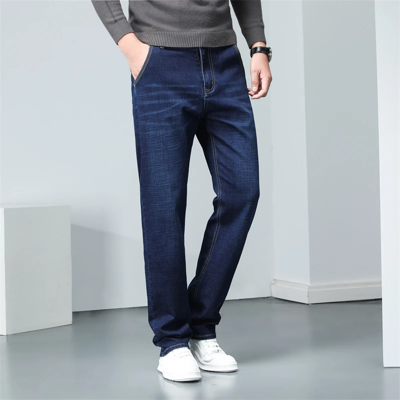 남성용 클래식 스타일 중간 무게 비즈니스 스트레치 레귤러 핏 청바지, 가을 블루 데님 바지, 남성 브랜드 바지