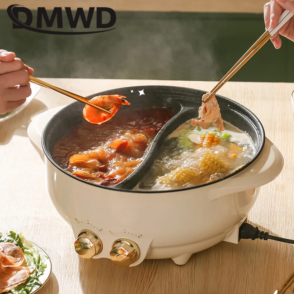 DMWD 6L Household Multifunction Cooker Electric Hot Pot Soup Cooking Pot Twin Divided Mini Skillet Non-stick Boiling Stewing Pot 6