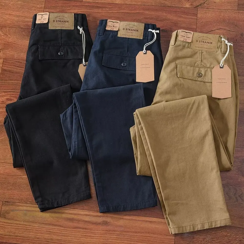 Men's Casual Cotton Work Trousers Straight Leg Thick Washed Khaki Spring Autumn Wear Comfortable Breathable Fashionable